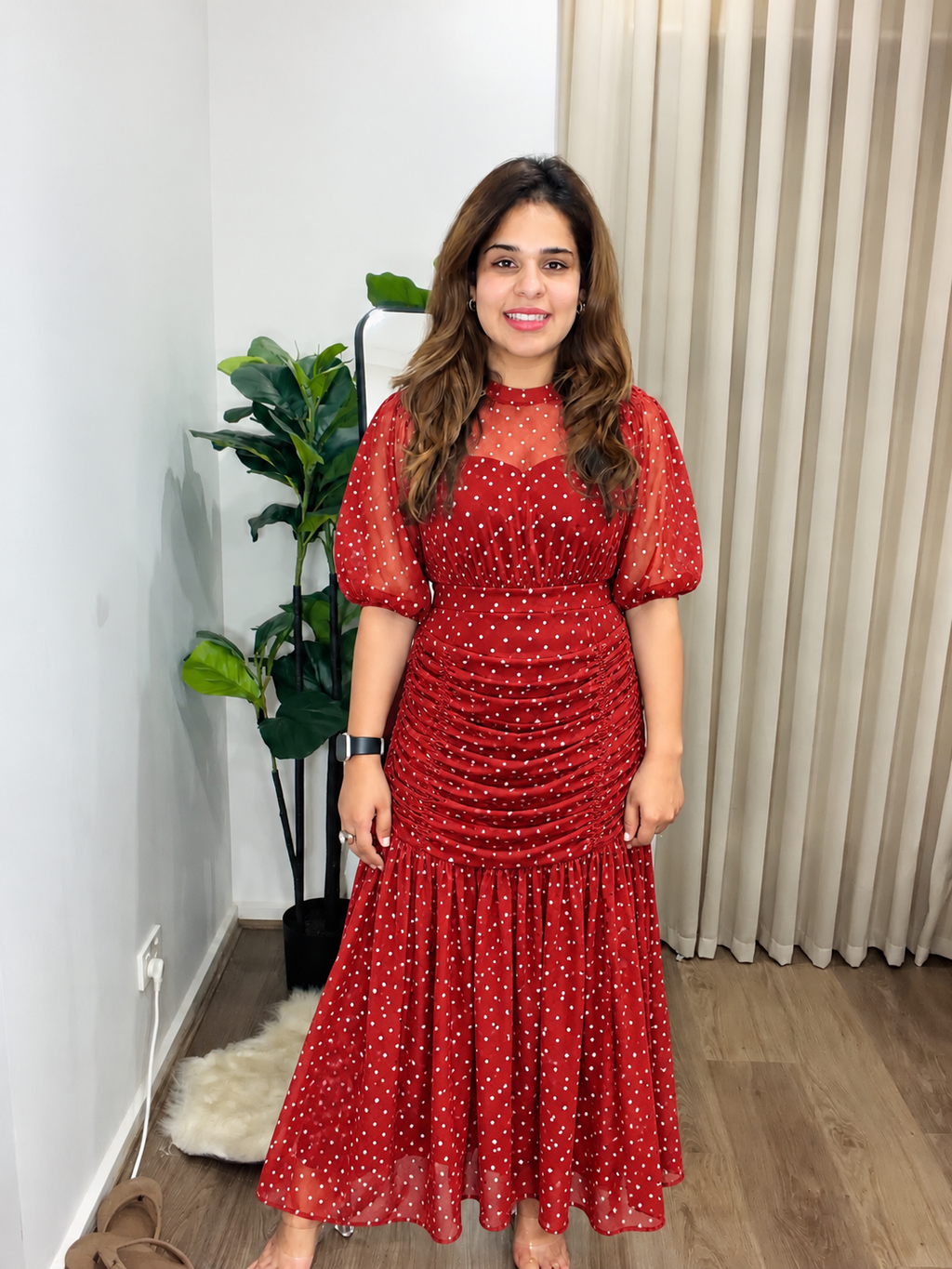 Polka Dot Ruched Maxi Dress