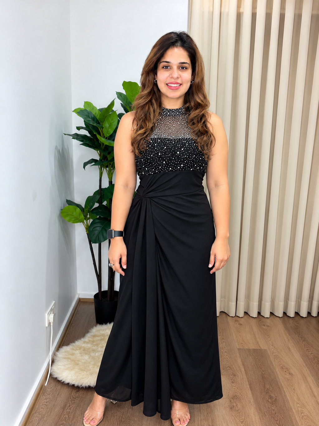 Elegant Embellished Draped Maxi Dress