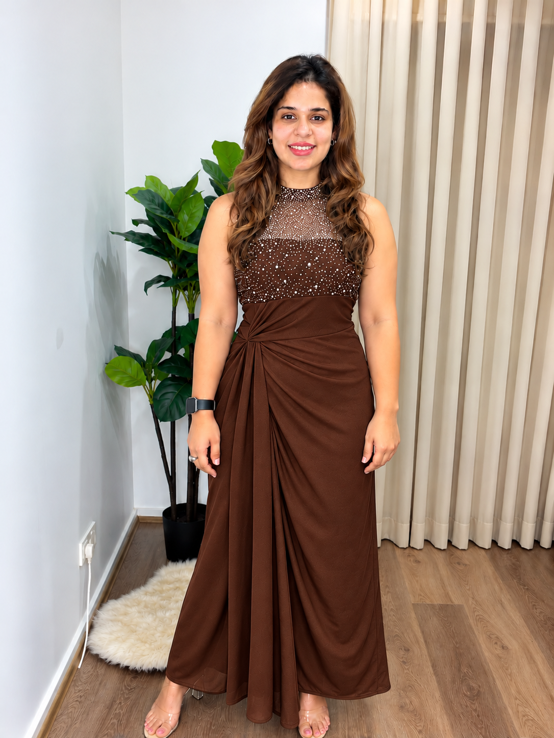 Elegant Embellished Draped Maxi Dress