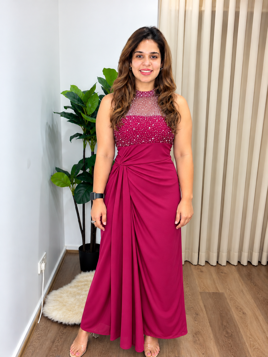 Elegant Embellished Draped Maxi Dress