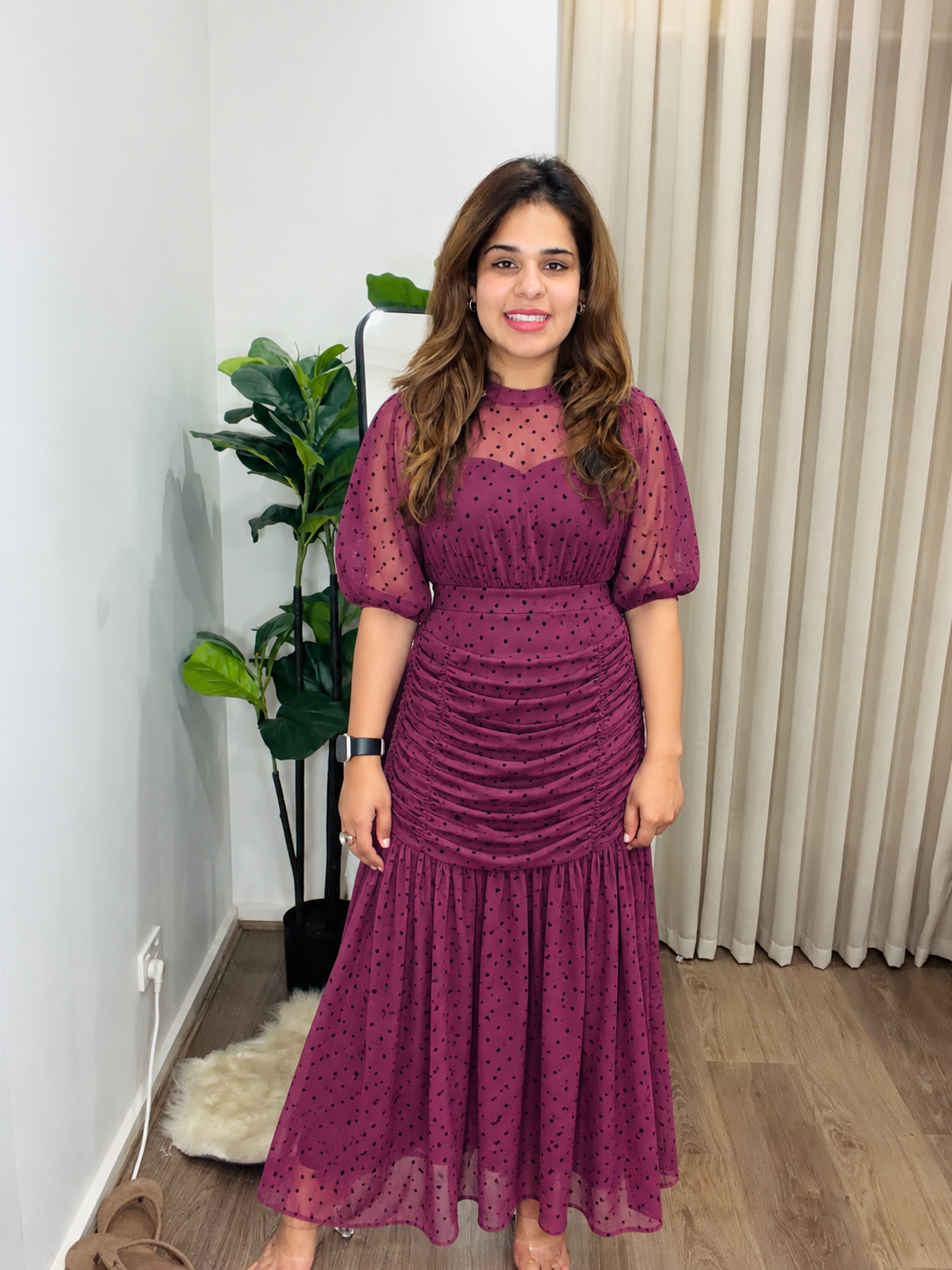 Polka Dot Ruched Maxi Dress