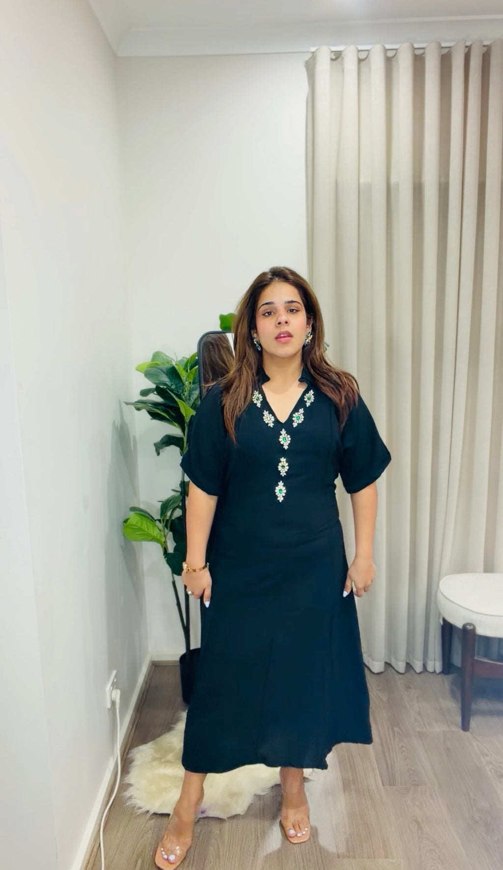 Women’s Embellished V-Neck Flowy Midi Dress
