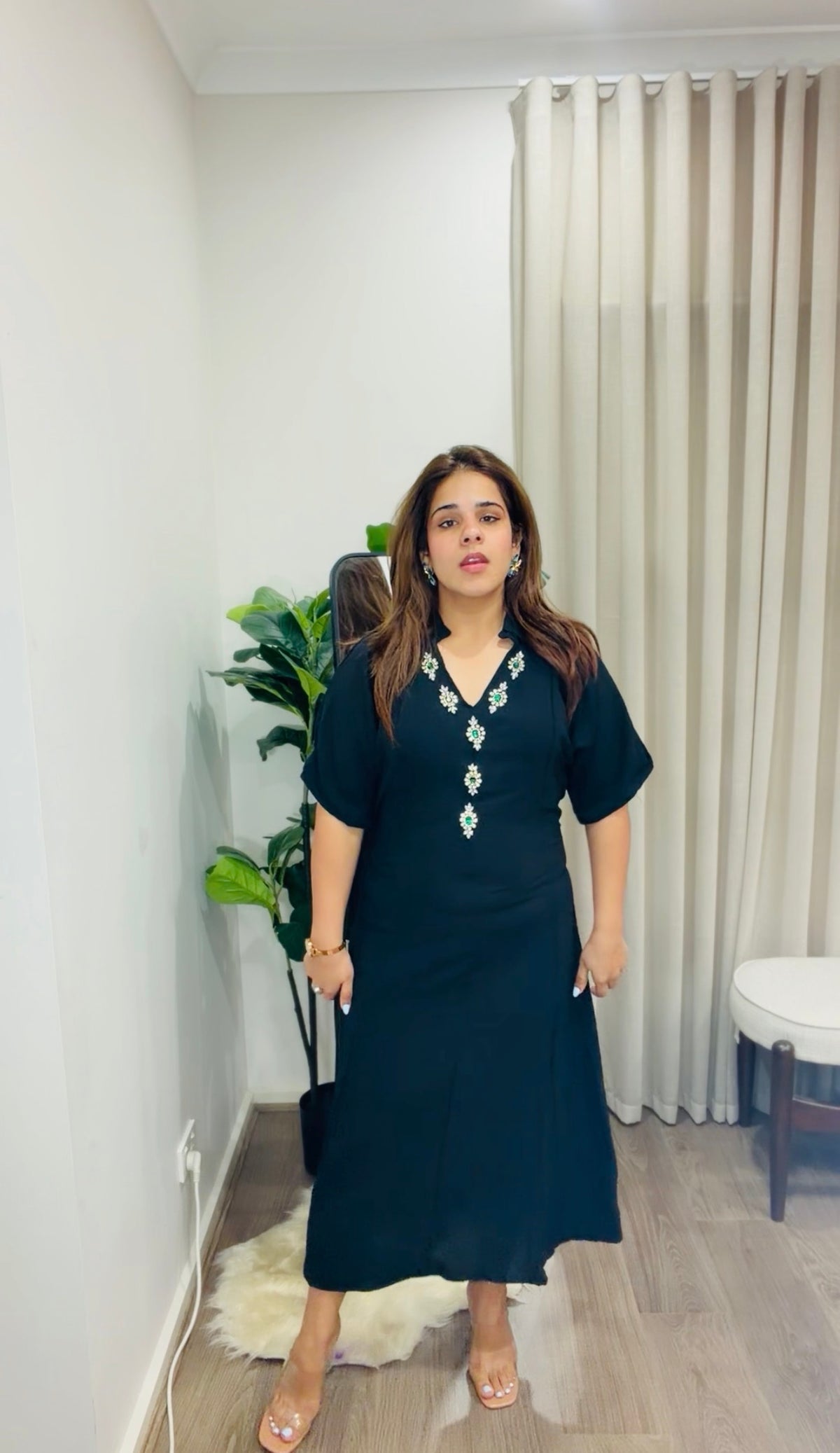 Women’s Embellished V-Neck Flowy Midi Dress