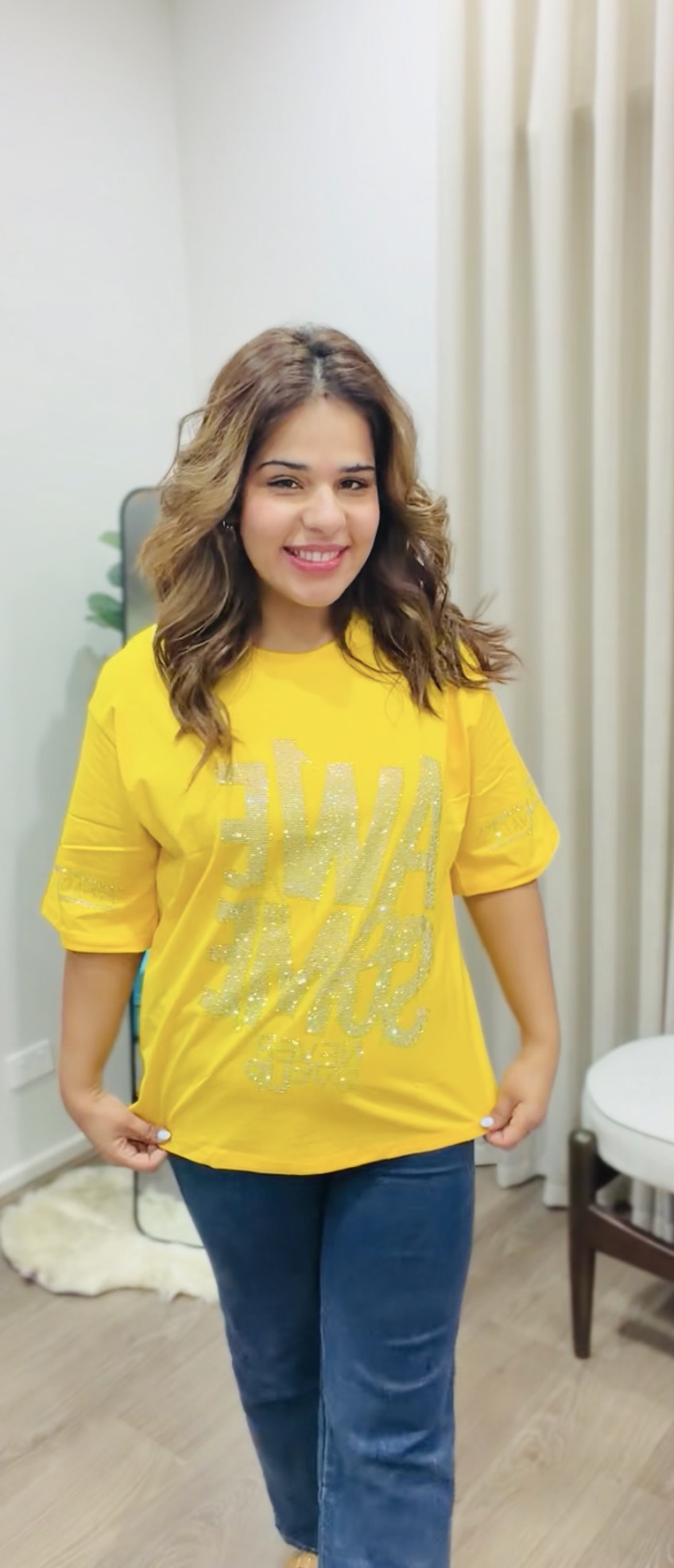 Women’s Sparkle Graphic Oversized T-Shirt – Yellow, Blue & Black